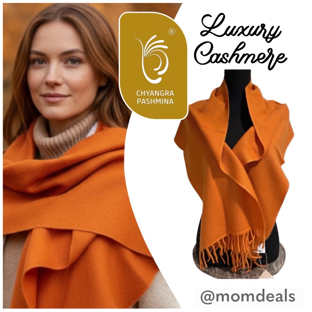 NWT Chyangra Pashmina 100% Pure 4-Ply Cashmere Scarf Handmade Nepal COA- PUMPKIN